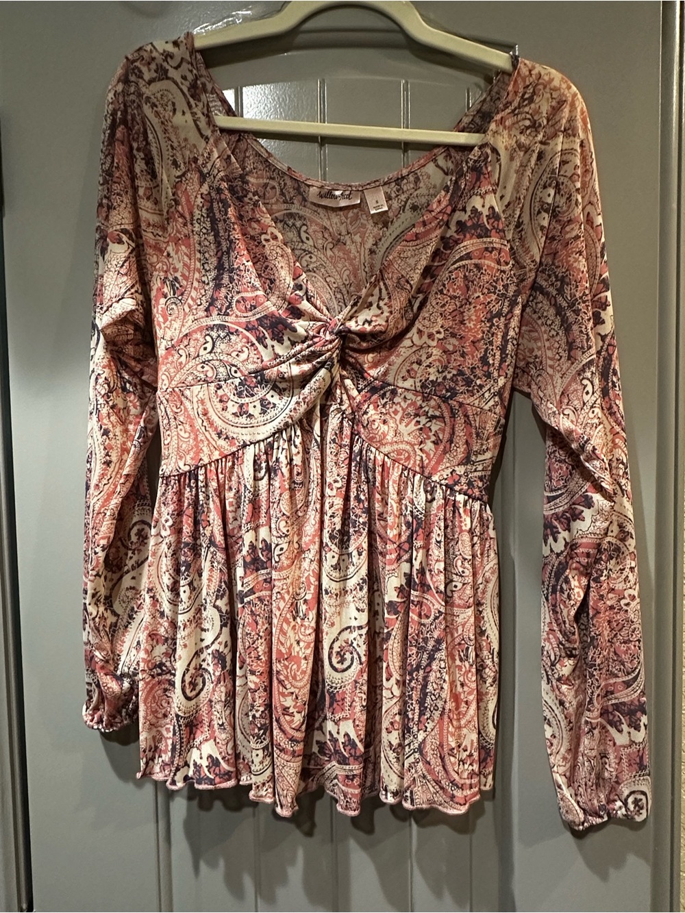 Women's Long-Sleeve Paisley Twist-Front Top - Pink/Cream